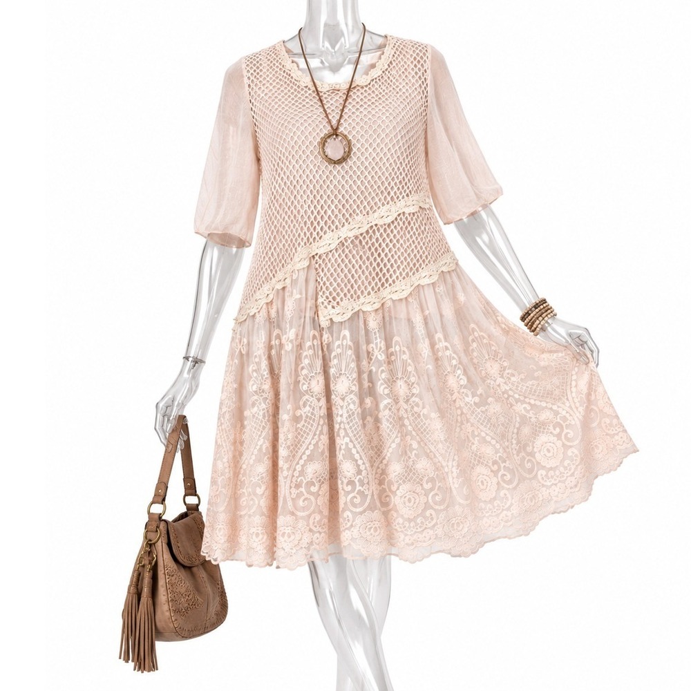 Pretty Angel Pink Crochet Overlay Dress SKUW084
